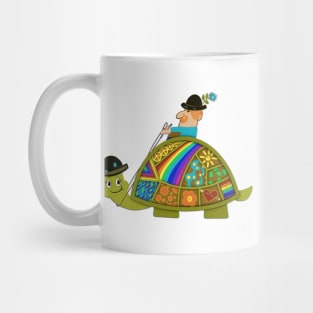 A dandy man riding a turtle Mug